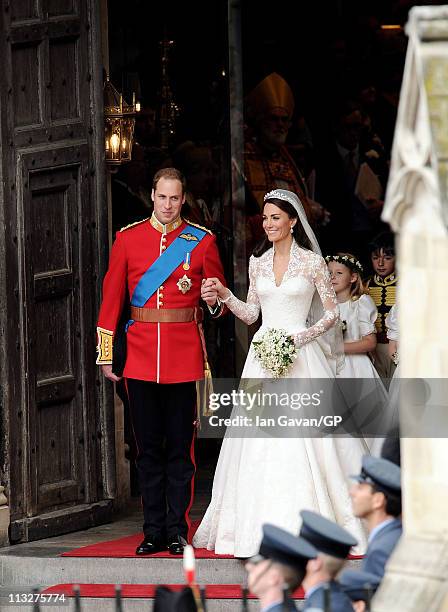 Heir Royal Highnesses Prince William, Duke of Cambridge and Catherine, Duchess of Cambridge exit Westminster Abbey after the Royal Wedding of Prince...