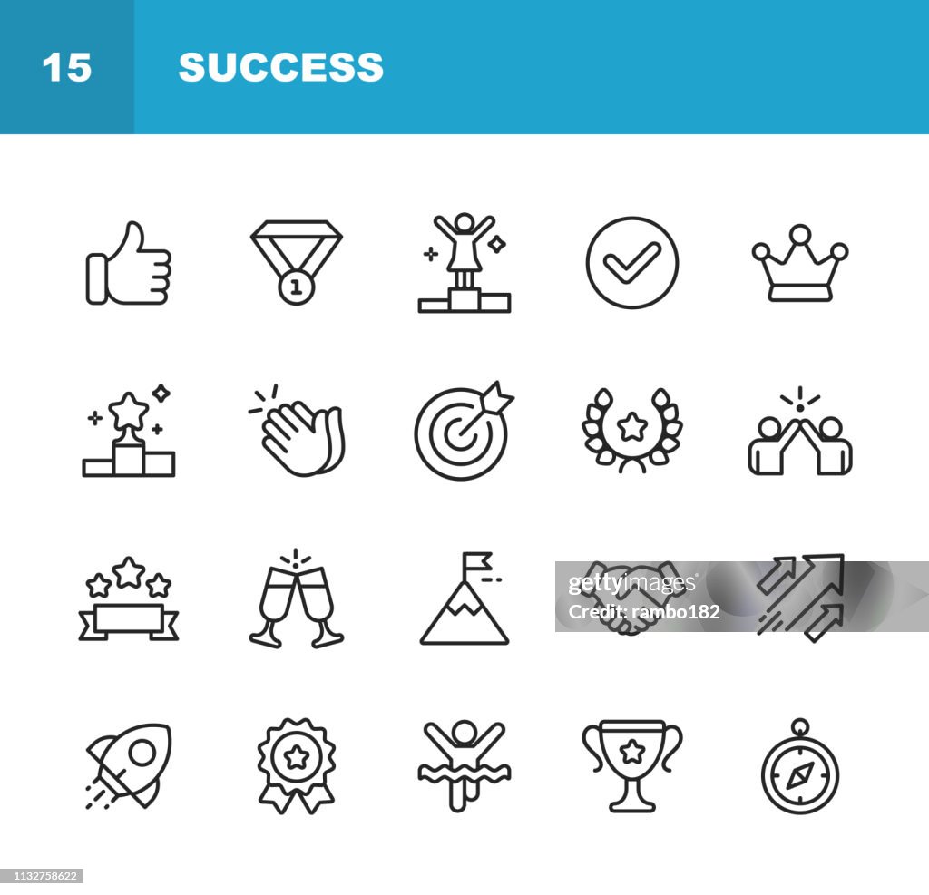 Ícones da linha do sucesso e dos concessões. Traçado editável. Pixel perfeito. Para Mobile e Web. Contém ícones como winning, trabalho em equipe, primeiro lugar, celebração, Rocket.