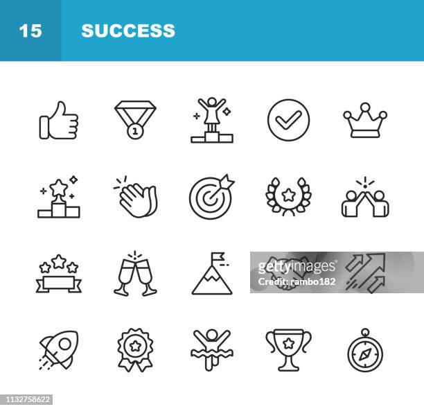 success and awards line icons. editable stroke. pixel perfect. for mobile and web. contains such icons as winning, teamwork, first place, celebration, rocket. - winners podium stock illustrations