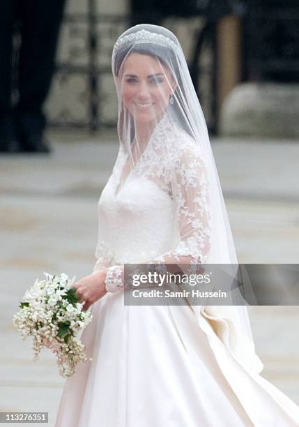 Catherine Duchess of Cambridge arrives for the marriage of Their Royal Highnesses Prince William Duke of Cambridge and Catherine Duchess of Cambridge...