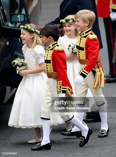 Margarita Armstrong-Jones, William Lowther-Pinkerton, Lady Louise Windsor and Tom Pettifer arrive for the marriage of Their Royal Highnesses Prince...
