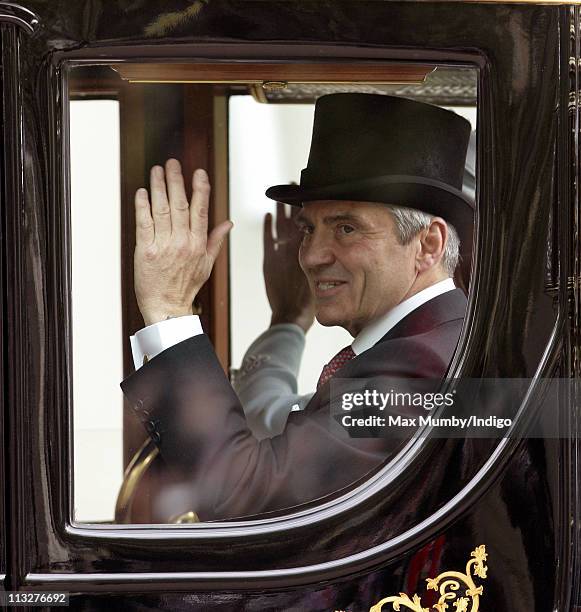 Michael Middleton travels down The Mall on route to Buckingham Palace in a horse drawn carriage following Prince William, Duke of Cambridge and...