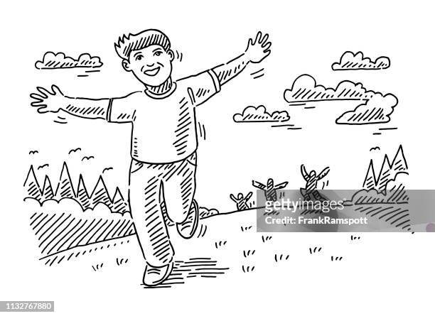happy children running outdoors drawing - leisure outdoors kids stock illustrations