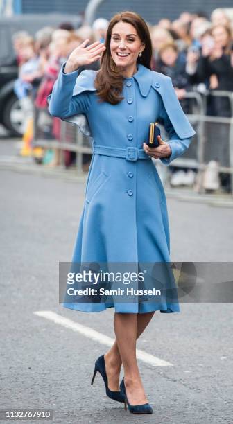 Catherine, Duchess of Cambridge, meets local well-wishers during a visit to CineMagic at the Braid Arts Centre on February 28, 2019 in Ballymena,...
