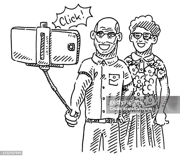 senior couple taking a selfie drawing - woman selfie portrait stock illustrations