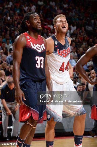 Kenneth Faried of the USA Blue Team and Blake Griffin of the USA White Team smiles during Team USA Basketball Showcase at the Thomas & Mack Center on...