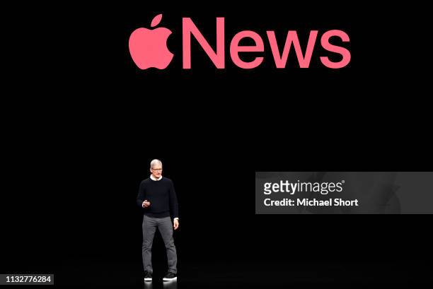 Apple Inc. CEO Tim Cook speaks during an Apple product launch event at the Steve Jobs Theater at Apple Park on March 25, 2019 in Cupertino,...