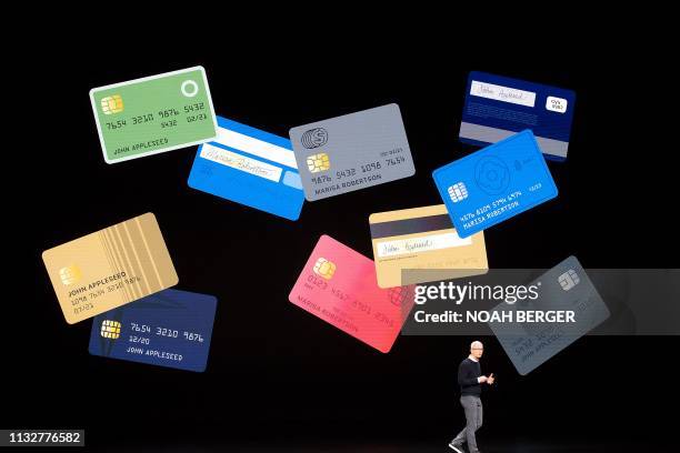 Apple CEO Tim Cook introduces Apple Card during a launch event at Apple headquarters on Monday, March 25 in Cupertino, California.