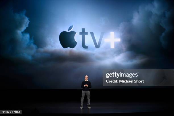 Apple Inc. CEO Tim Cook speaks during a company product launch event at the Steve Jobs Theater at Apple Park on March 25, 2019 in Cupertino,...