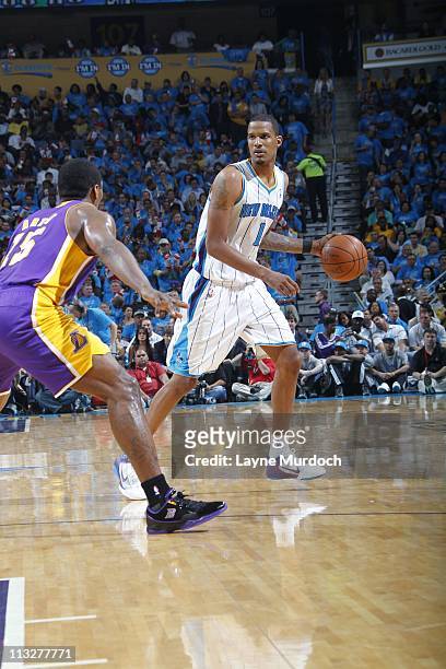 Trevor Ariza of the New Orleans Hornets moves the ball against the Los Angeles Lakers during Game Six of the Western Conference Quarterfinals on...
