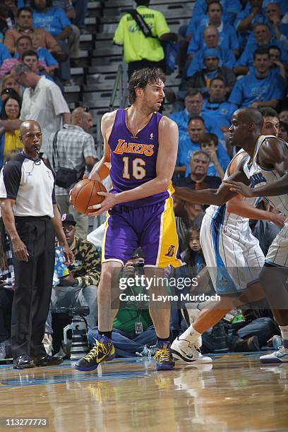 Pau Gasol of the Los Angeles Lakers moves the ball against the New Orleans Hornets during Game Six of the Western Conference Quarterfinals on April...