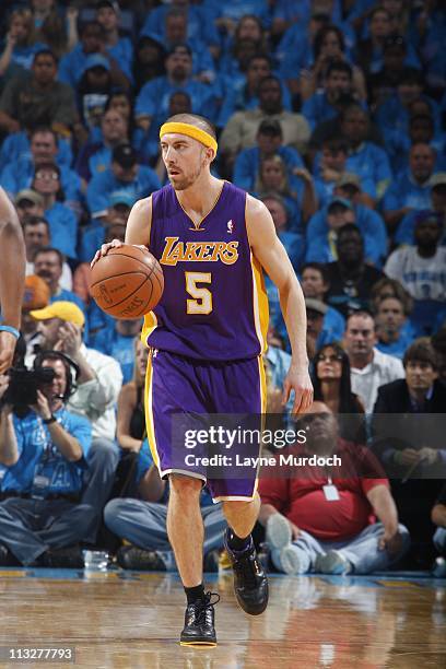 Steve Blake of the Los Angeles Lakers moves the ball against the New Orleans Hornets during Game Six of the Western Conference Quarterfinals on April...