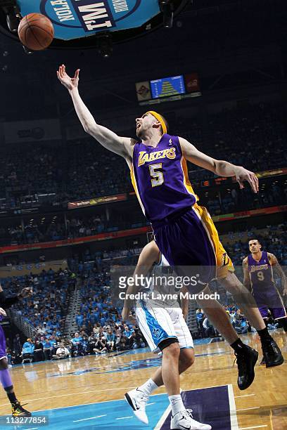 Steve Blake of the Los Angeles Lakers lays up the ball against the New Orleans Hornets during Game Six of the Western Conference Quarterfinals on...