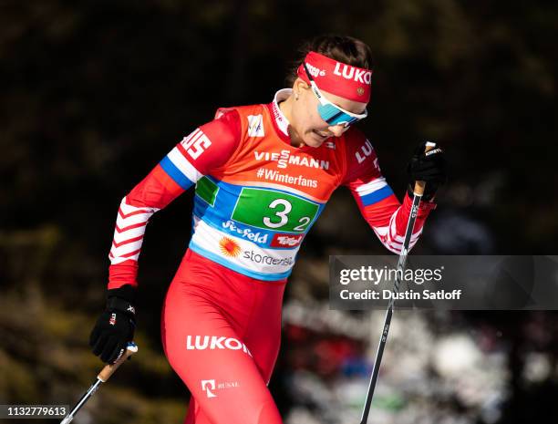 Anastasia Sedova of Russia competes in the Women's 4x5km Cross Country relay during the FIS Nordic World Ski Championships on February 28, 2019 in...