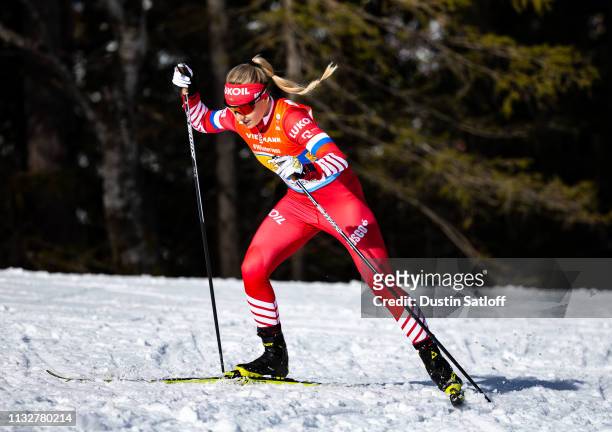 Anna Nechaevskaya of Russia competes in the Women's 4x5km Cross Country relay during the FIS Nordic World Ski Championships on February 28, 2019 in...
