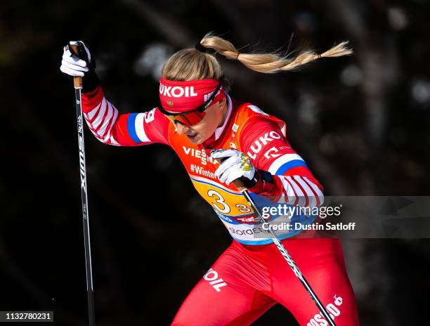 Anna Nechaevskaya of Russia competes in the Women's 4x5km Cross Country relay during the FIS Nordic World Ski Championships on February 28, 2019 in...