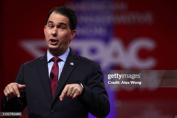 Former Governor Scott Walker speaks during CPAC 2019 February 28, 2019 in National Harbor, Maryland. The American Conservative Union hosts the annual...