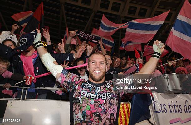 James Haskell, of Stade Francais celebrates after their victory during the Amlin Challenge Cup semi final match between Stade Francais and Clermont...