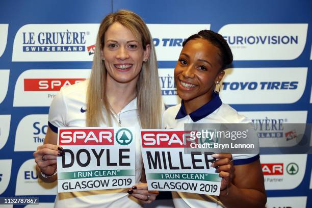 World indoor 400m bronze medallist Eilidh Doyle of Great Britain poses with British indoor 60m silver medallist Rachel Miller of Great Britain at a...
