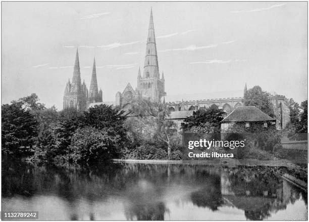 antique black and white photograph of england and wales: lichfield cathedral - lichfield stock illustrations