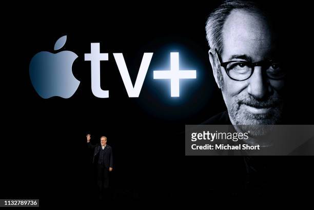 Filmmaker Steven Spielberg speaks during an Apple product launch event at the Steve Jobs Theater at Apple Park on March 25, 2019 in Cupertino,...