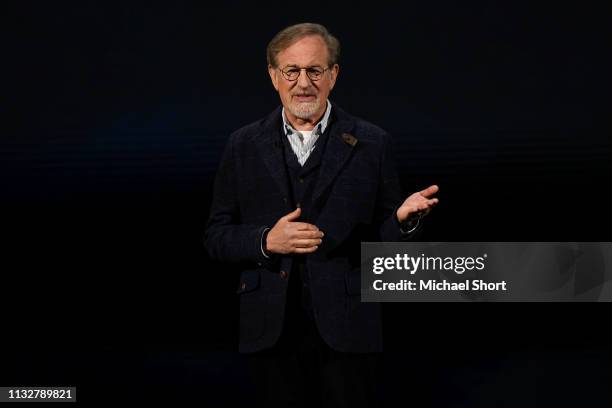 Filmmaker Steven Spielberg speaks during an Apple product launch event at the Steve Jobs Theater at Apple Park on March 25, 2019 in Cupertino,...