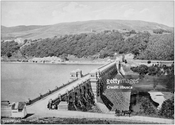 英格蘭和威爾士的古色古香的黑白照片: 大壩、威恩維湖 - lake vyrnwy 幅插畫檔、美工圖案、卡通及圖標