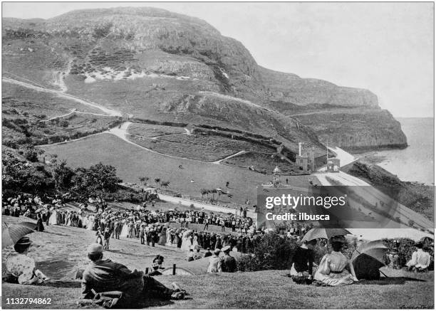 antique black and white photograph of england and wales: happy valley and great orme's head, llandudno - llandudno wales stock illustrations