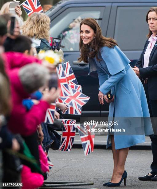 Catherine, Duchess of Cambridge, meets local well-wishers during a visit to CineMagic at the Braid Arts Centre on February 28, 2019 in Ballymena,...