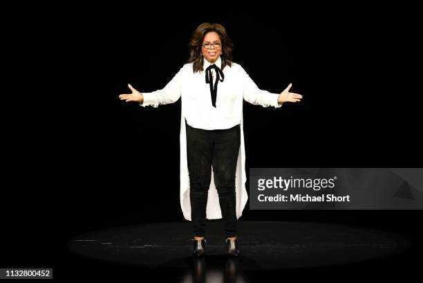 Oprah Winfrey speaks during an Apple product launch event at the Steve Jobs Theater at Apple Park on March 25, 2019 in Cupertino, California. Apple...