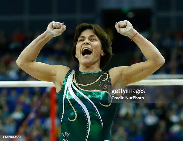 Oksana Chusovitina of Uzbekistan Performing Women's Uneven Bars during The Superstars of Gymnastics at 02 Arena, London, England on 23 Mar 2019.