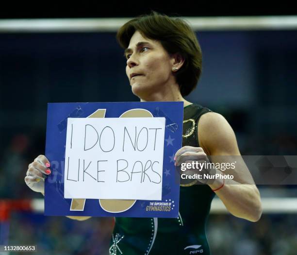Oksana Chusovitina of Uzbekistan Performing Women's Uneven Bars during The Superstars of Gymnastics at 02 Arena, London, England on 23 Mar 2019.