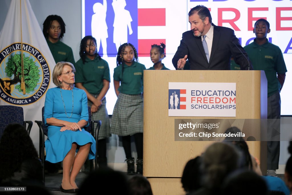 Education Secretary Betsy DeVos Holds A Press Conference With Sen. Ted Cruz and Rep. Bradley Byrne