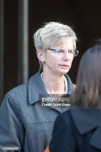 Donna Heinel, former senior associate athletic director at the University of Southern California, leaves following her arraignment at Boston Federal...