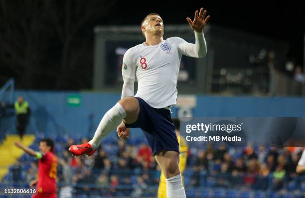 Englands Ross Barkley celebrates a goal during the 2020 UEFA European Championships group A qualifying match between Montenegro and England at...