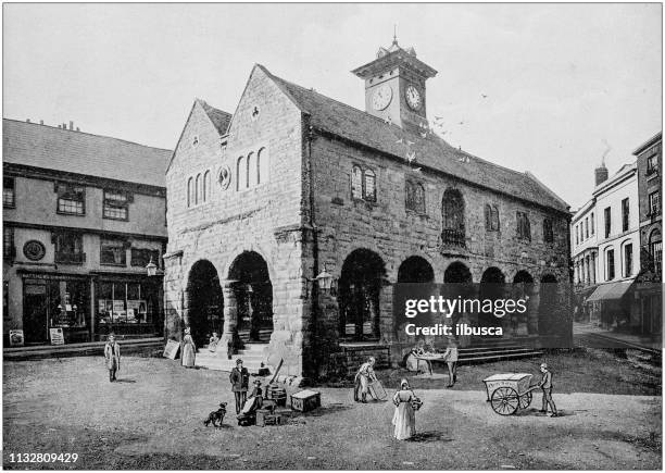 antique black and white photograph of england and wales: market hall and kyrle's house, ross - market hall stock illustrations