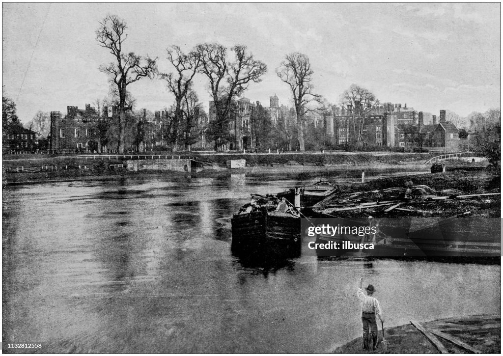 Antique black and white photograph of England and Wales: Hampton Court river