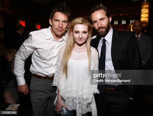 Actors Ethan Hawke, Abigail Breslin and Alessandro Nivola attend the Janie Jones' premiere after-party at the Tribeca Film Festival presented by...