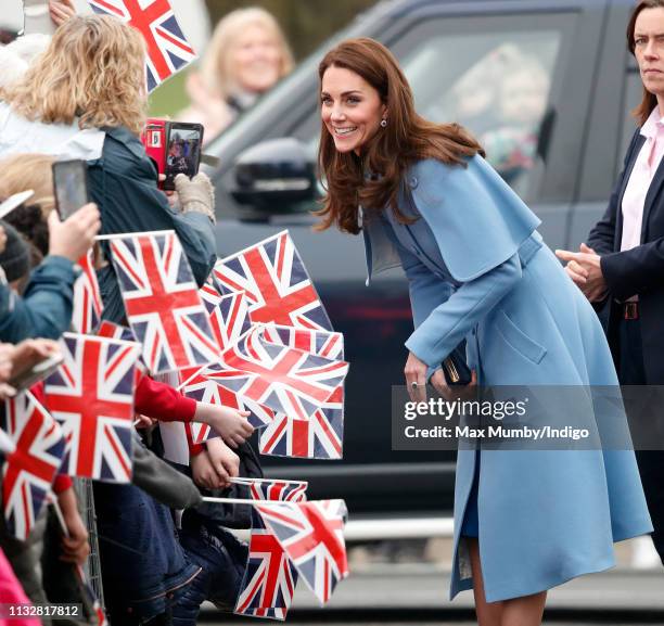 Catherine, Duchess of Cambridge meets members of the public as she visits CineMagic at the Braid Arts Centre on February 28, 2019 in Ballymena,...