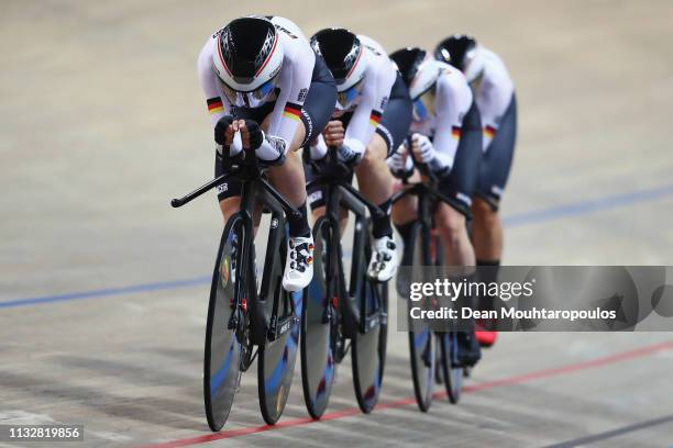 Charlotte Becker, Franziska Brausse, Lisa Brennauer and Lisa Klein of Germany competes in the Women's team pursuit Quarter Finals on day two of the...