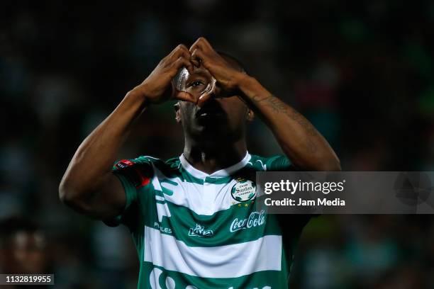 Marlos Moreno of Santos celebrates after scoring the first goal during a round of sixteen second leg match between Santos Laguna and Marathón as part...