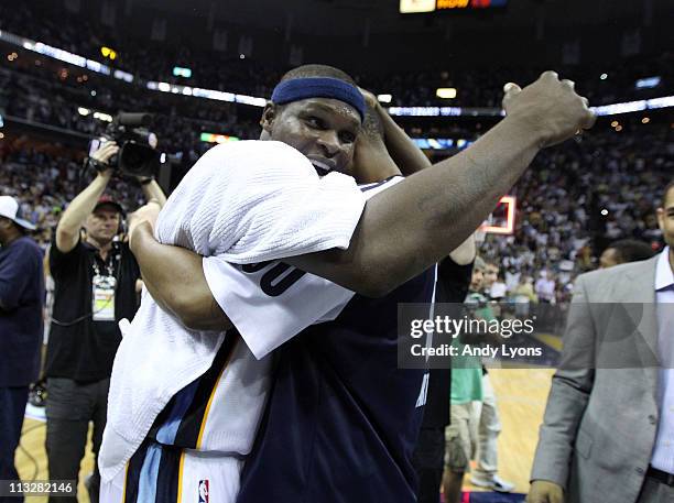 Zach Randolph of the Memphis Grizzlies celebrates after the Grizzlies beat the San Antonio Spurs 99-91 in Game Six of the Western Conference...