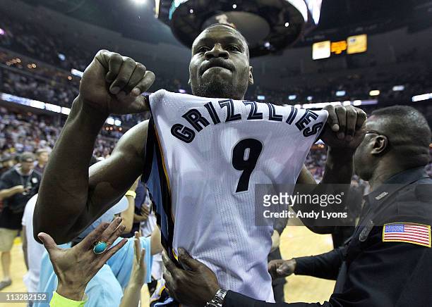 Tony Allen of the Memphis Grizzlies celebrates after the Grizzlies beat the San Antonio Spurs 99-91 in Game Six of the Western Conference...