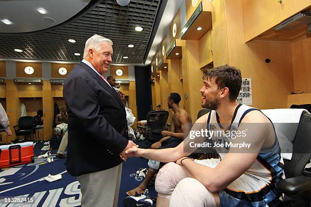 Michael E. Heisley Owner of the Memphis Grizzlies congratulates Marc Gasol after the Memphis Grizzlies eliminated the San Antonio Spurs in Game Six...