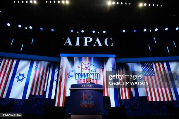 Secretary of State Mike Pompeo speaks during the AIPAC annual meeting in Washington, DC, on March 25, 2019.