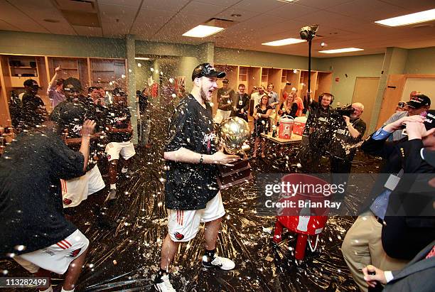 Scott VanderMeer of the Iowa Energy is sprayed with champagne as he celebrates their NBA Development League Championship after defeating the Rio...