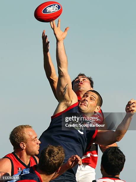 Brendan Fevola of the Scorpions competes for the ball during the round five VFL mtch between the Casey Scorpions and Frankston at Casey Fields on...