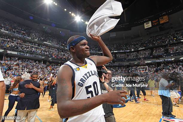 Zach Randolph of the Memphis Grizzlies celebrates eliminating the San Antonio Spurs in Game Six of the Western Conference Quarterfinals in the 2011...