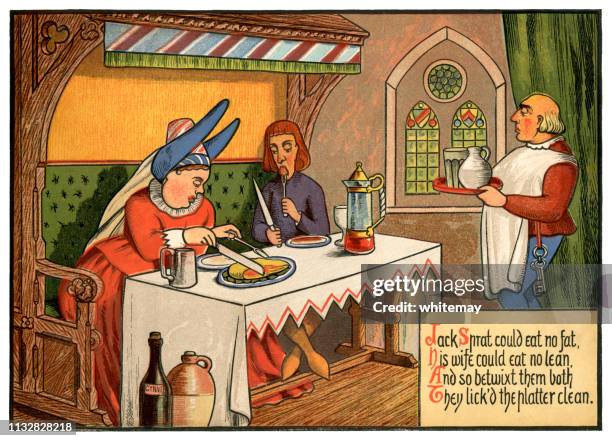 'jack sprat could eat no fat' - victorian nursery rhyme illustration - equal housing symbol stock illustrations