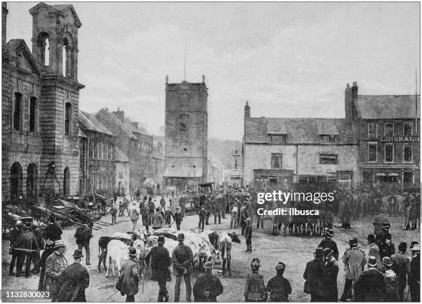 stockillustraties, clipart, cartoons en iconen met antiekzwart-wit foto van engeland en wales: morpeth market square - northumberland